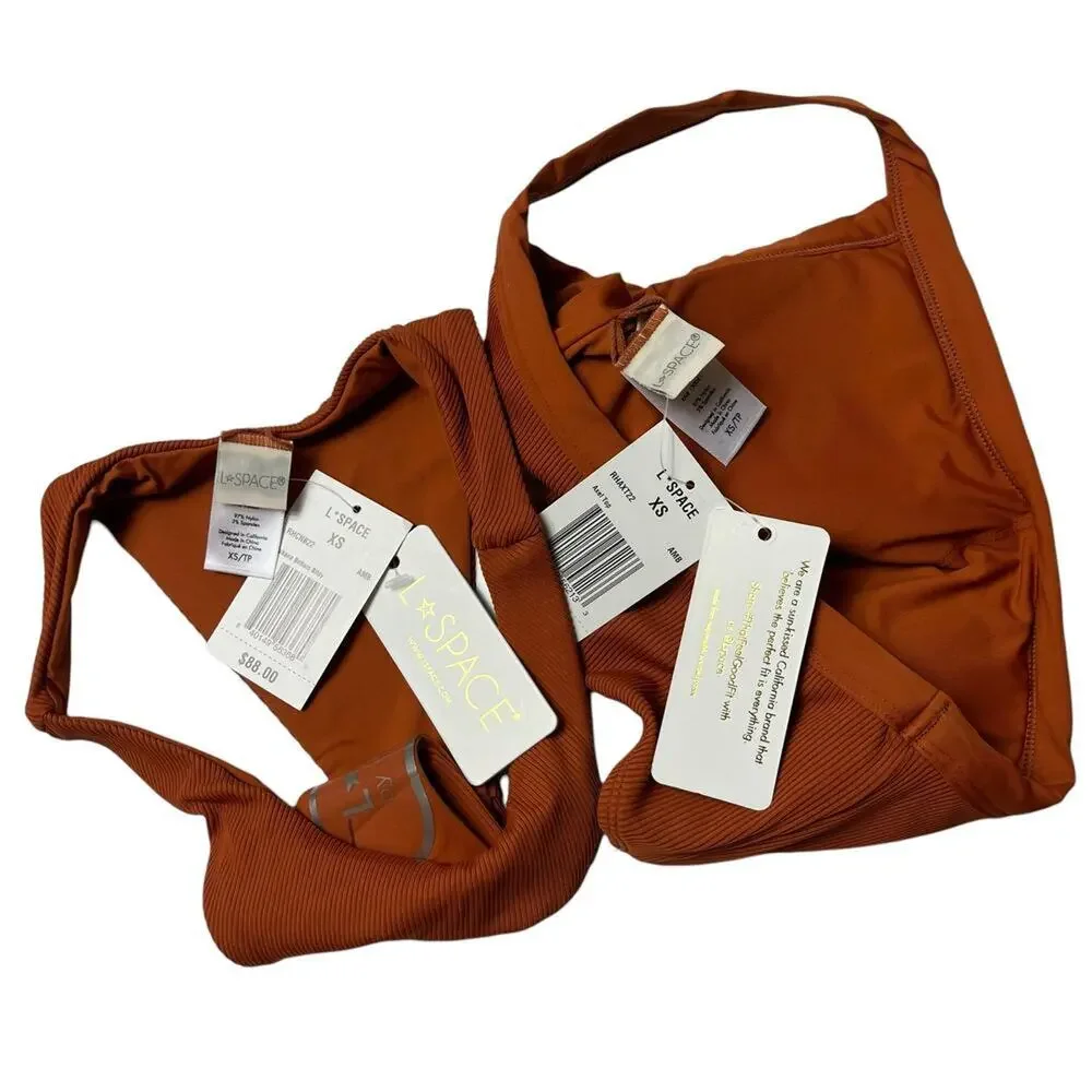 L*SPACE Axel Top Cabana Bottom Bitsy Bikini Amber Ribbed One Shoulder XS NEW - Picture 8 of 11